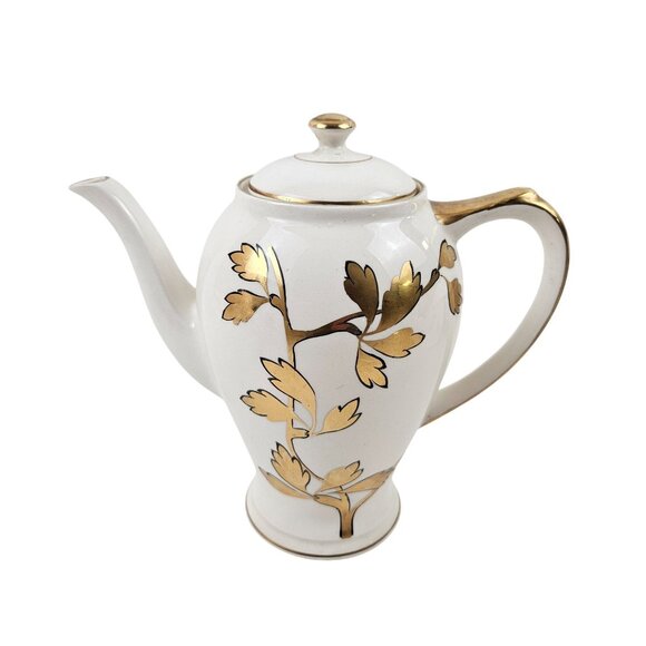 Vintage Royle Kenwood Lidded Teapot Empire England Porcelain Gold Leaf Design - Picture 5 of 9